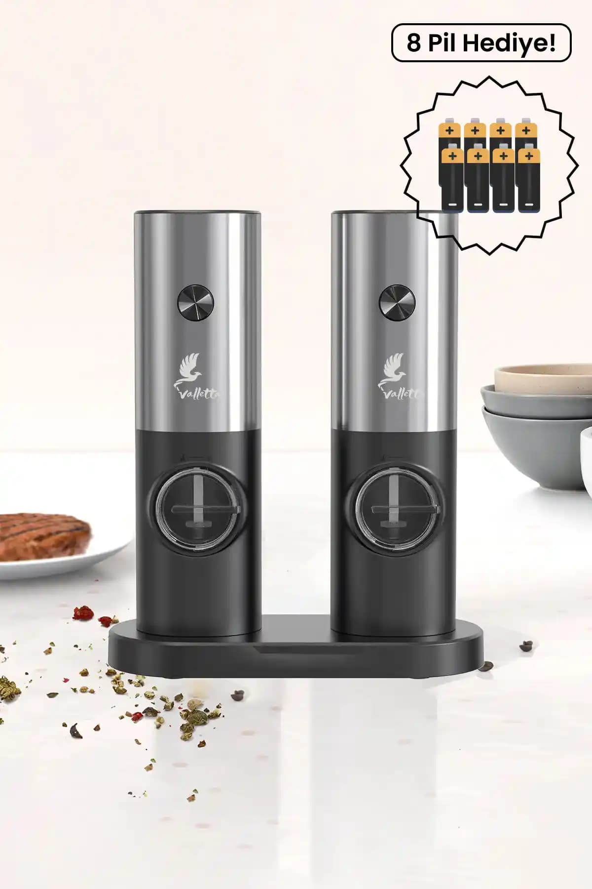 Valletta Olinda 2'li Standlı Pilli Otomatik Tuz ve Karabiber Değirmeni Siyah