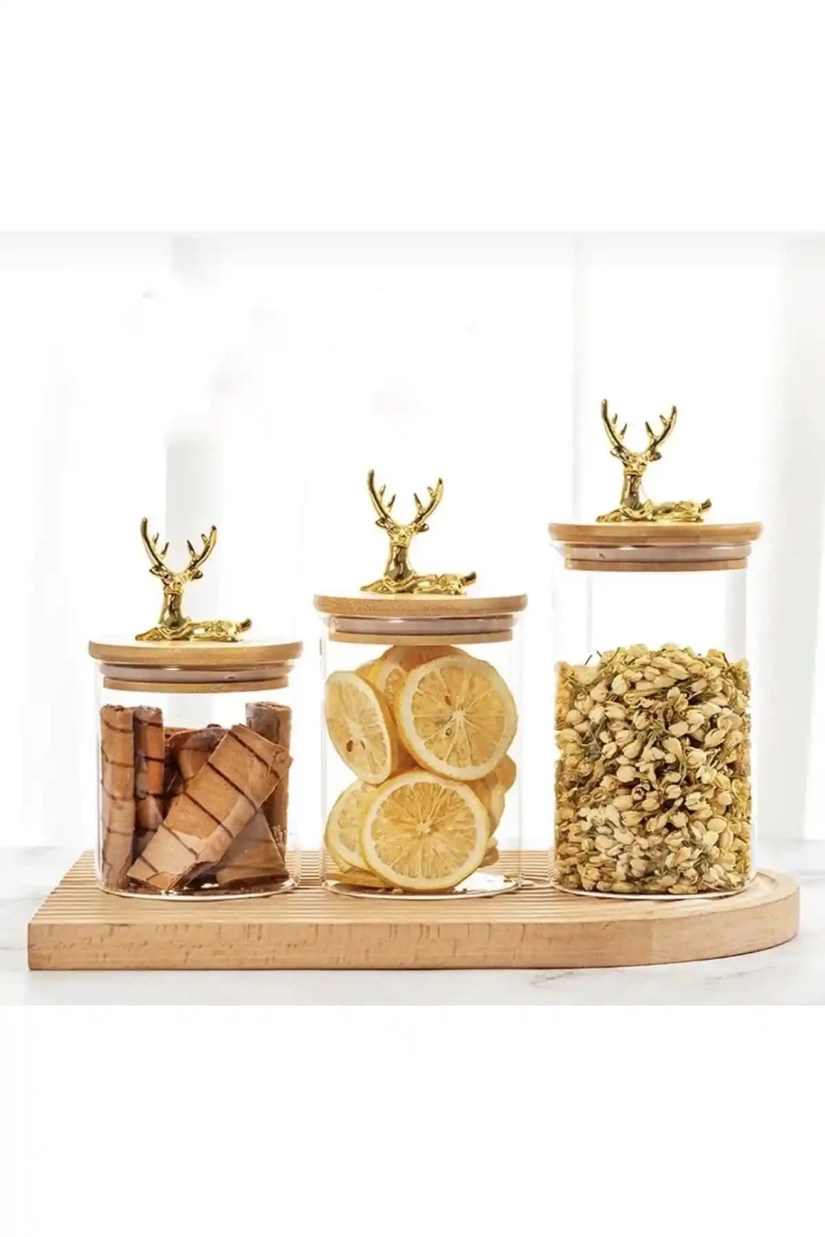 Vivien Home Bambu Kapaklı Vakumlu Borosilikat Cam 3'lü Set ile Mutfak Düzeni