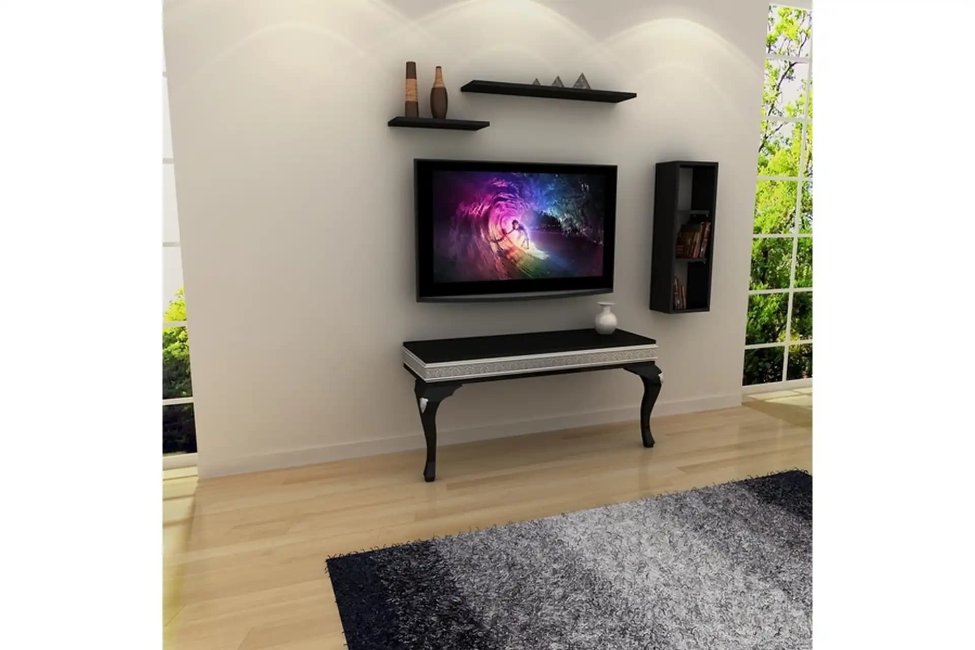 Parlak Siyah TV Ünitesi ile Oturma Odası Dekorasyonunda Şıklık ve Fonksiyonellik