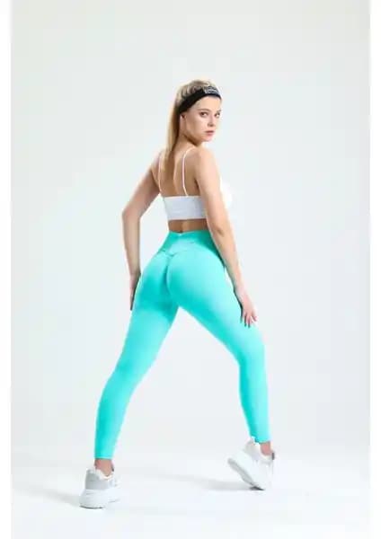 Gymhams Mint Yeşil Kalça Büzgülü Push Up Seamless Yüksek Bel Kalça Şekillendirici Tayt