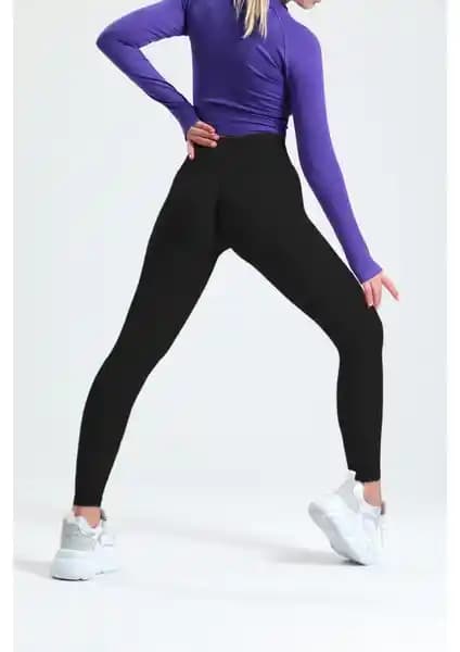 Gymhams Siyah Kalçası Büzgülü ve Push Up Özellikli Yüksek Bel Seamless Tayt