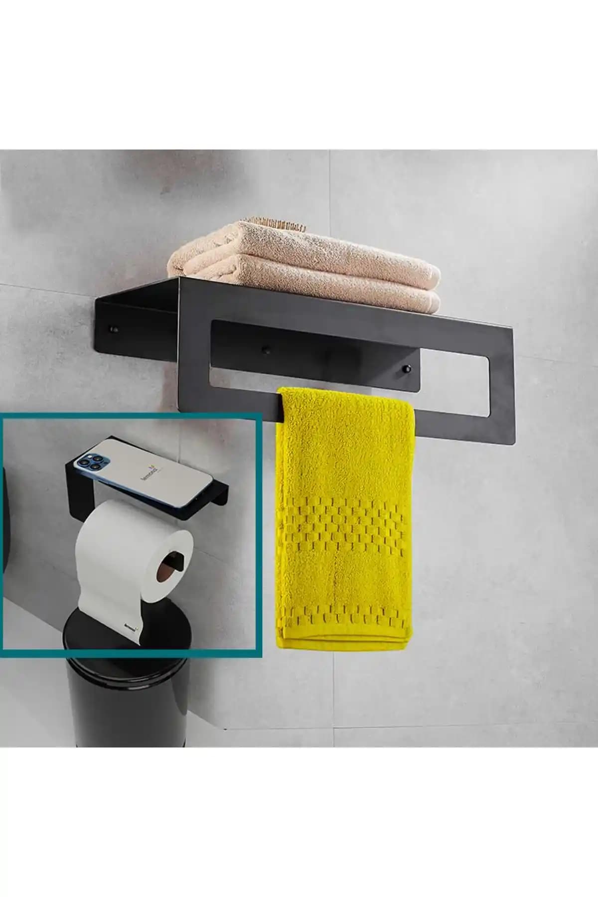 Kraker Metal Banyo Havlu ve Tuvalet Kağıdı Askılığı Siyah Paslanmaz Çelik Modern Tasarım