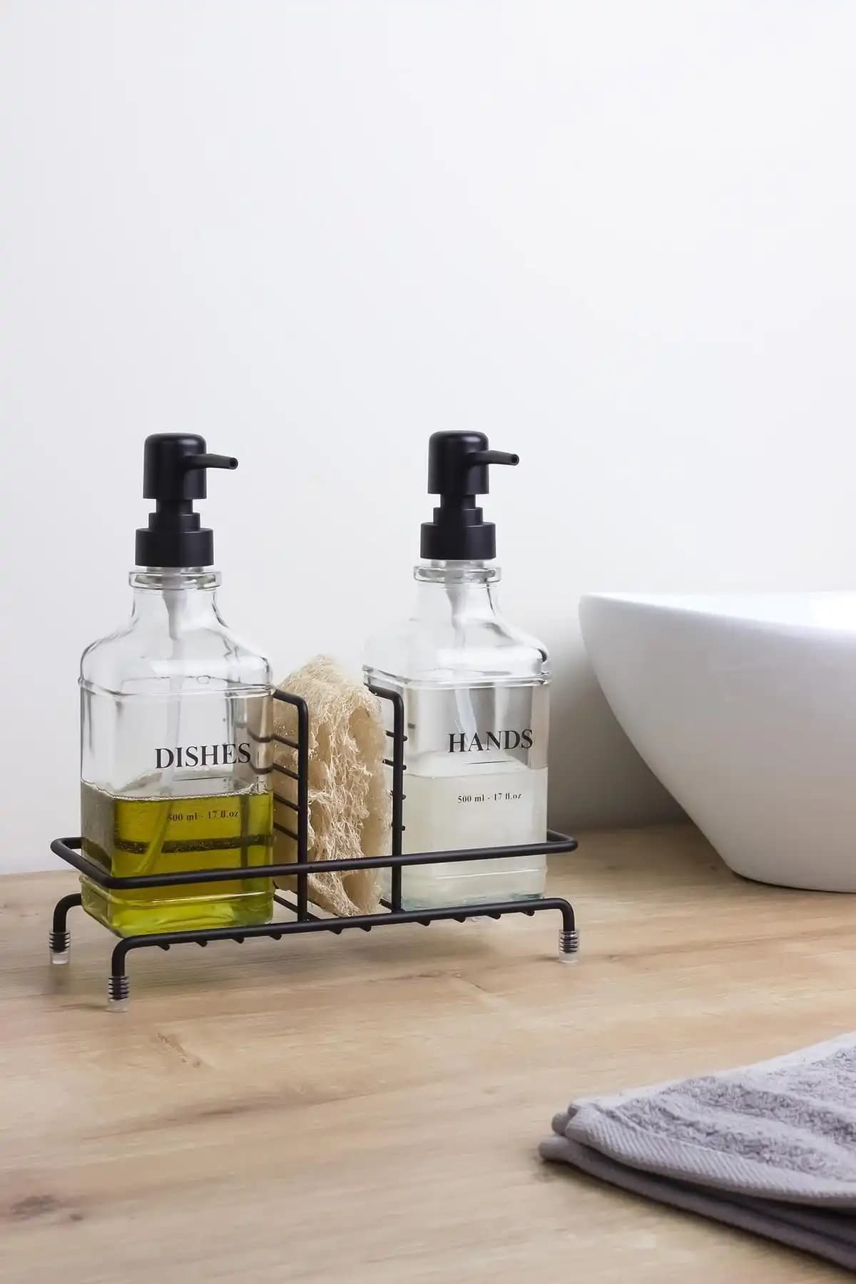 Okyanus Home Siyah Standlı Kare Cam Sıvı Sabunluk 500ml Modern Banyo Aksesuarı