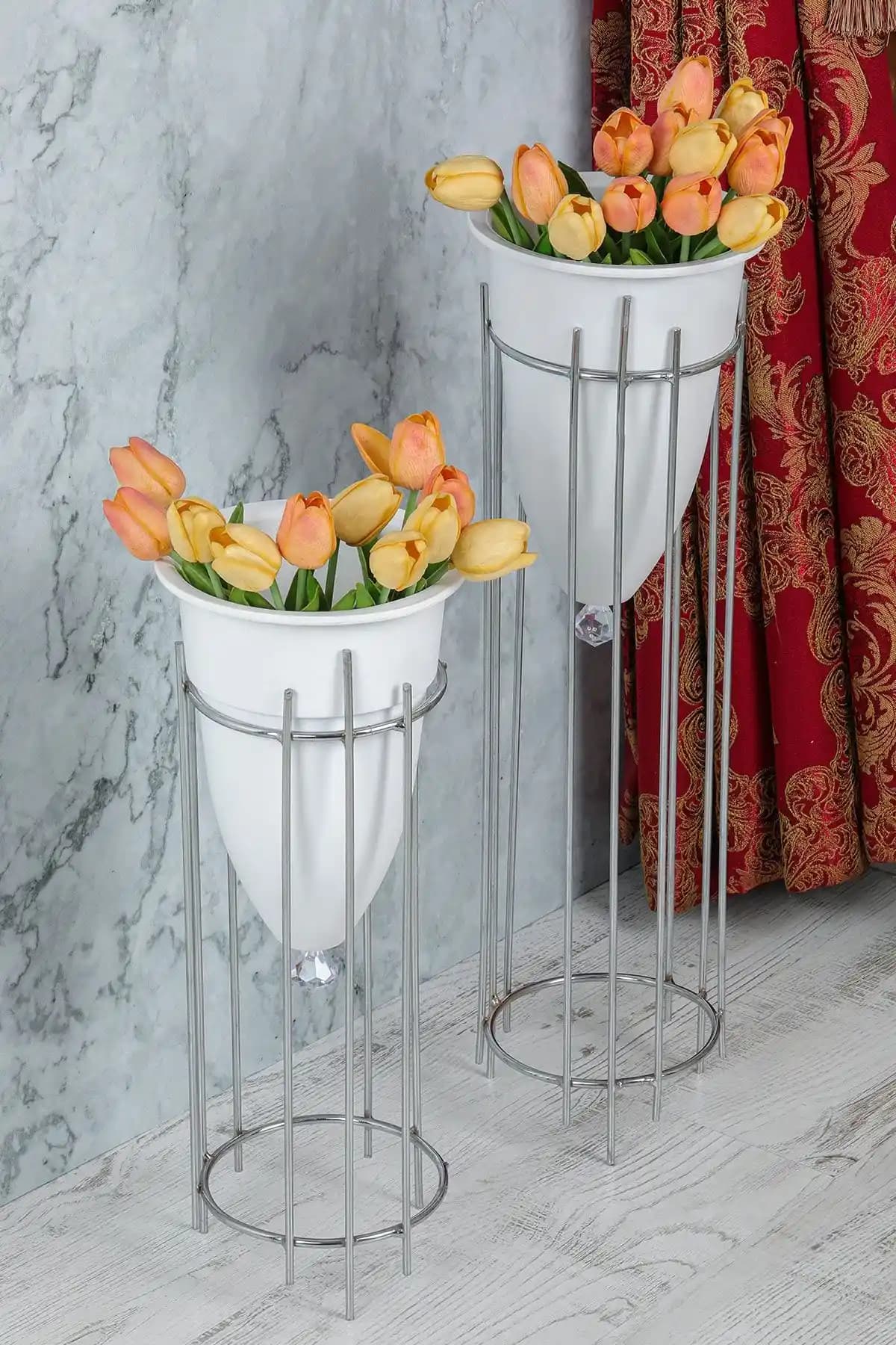 MHK Collection Gümüş Renkli 2'li Büyük Ayaklı Vazo ile Evinize Şıklık Katın