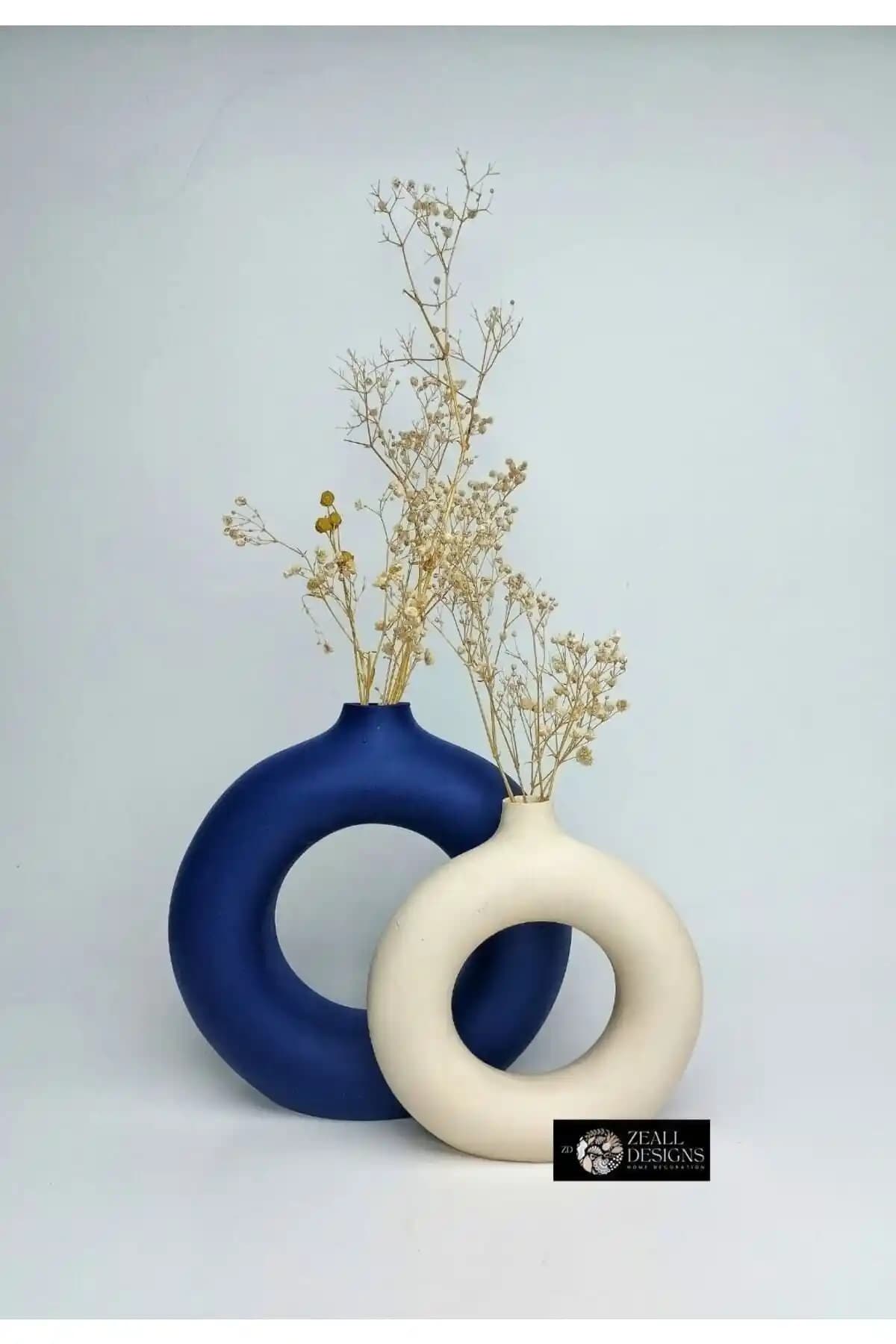 ZEALL DESIGNS Mat Lacivert ve Mat Bej 2'li Dekoratif Seramik Vazo Seti