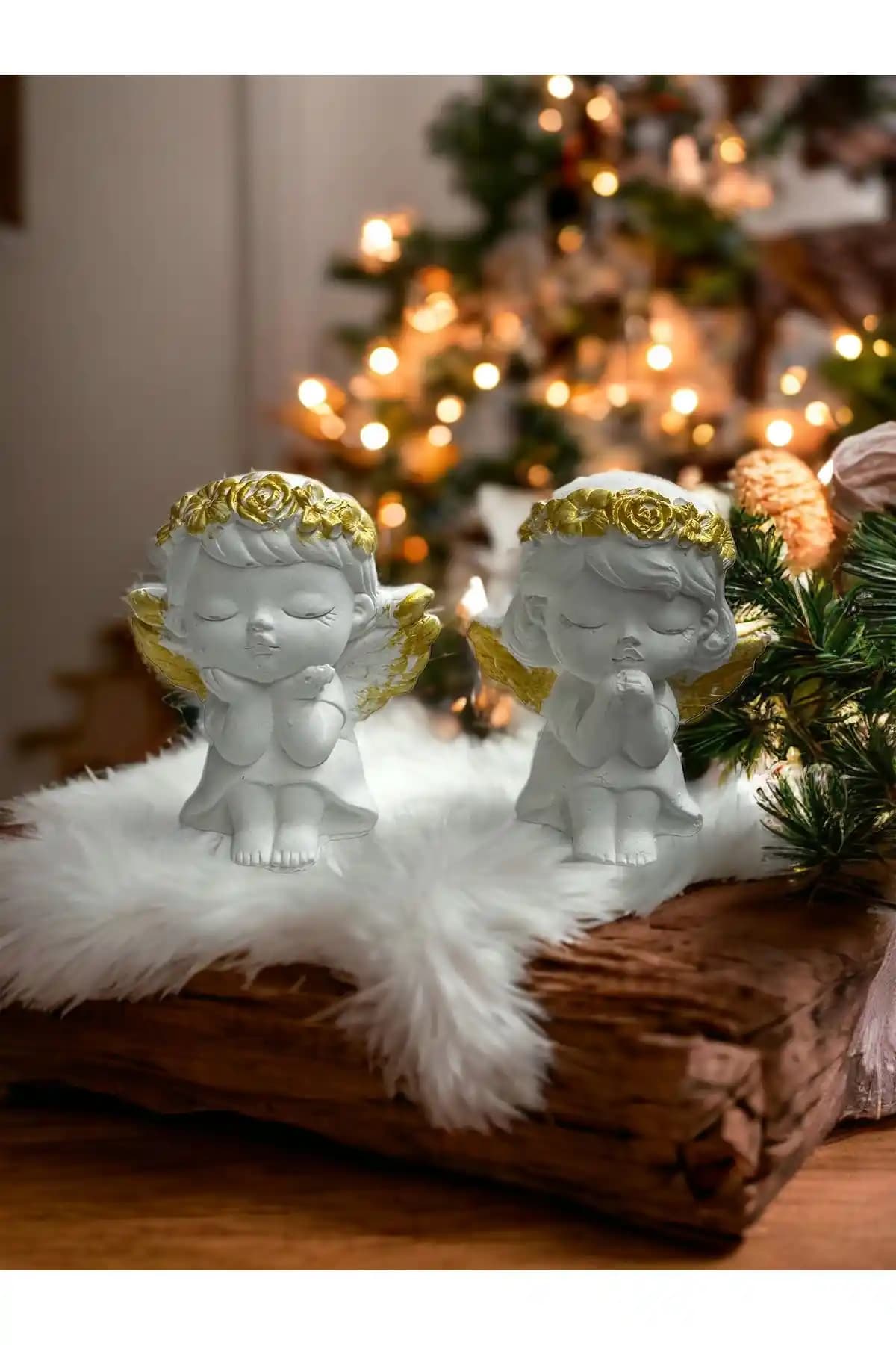 LİNECRAFT 2’li Melek Kızlar Altın Taçlı Biblo Seti ile Modern Dekorasyon