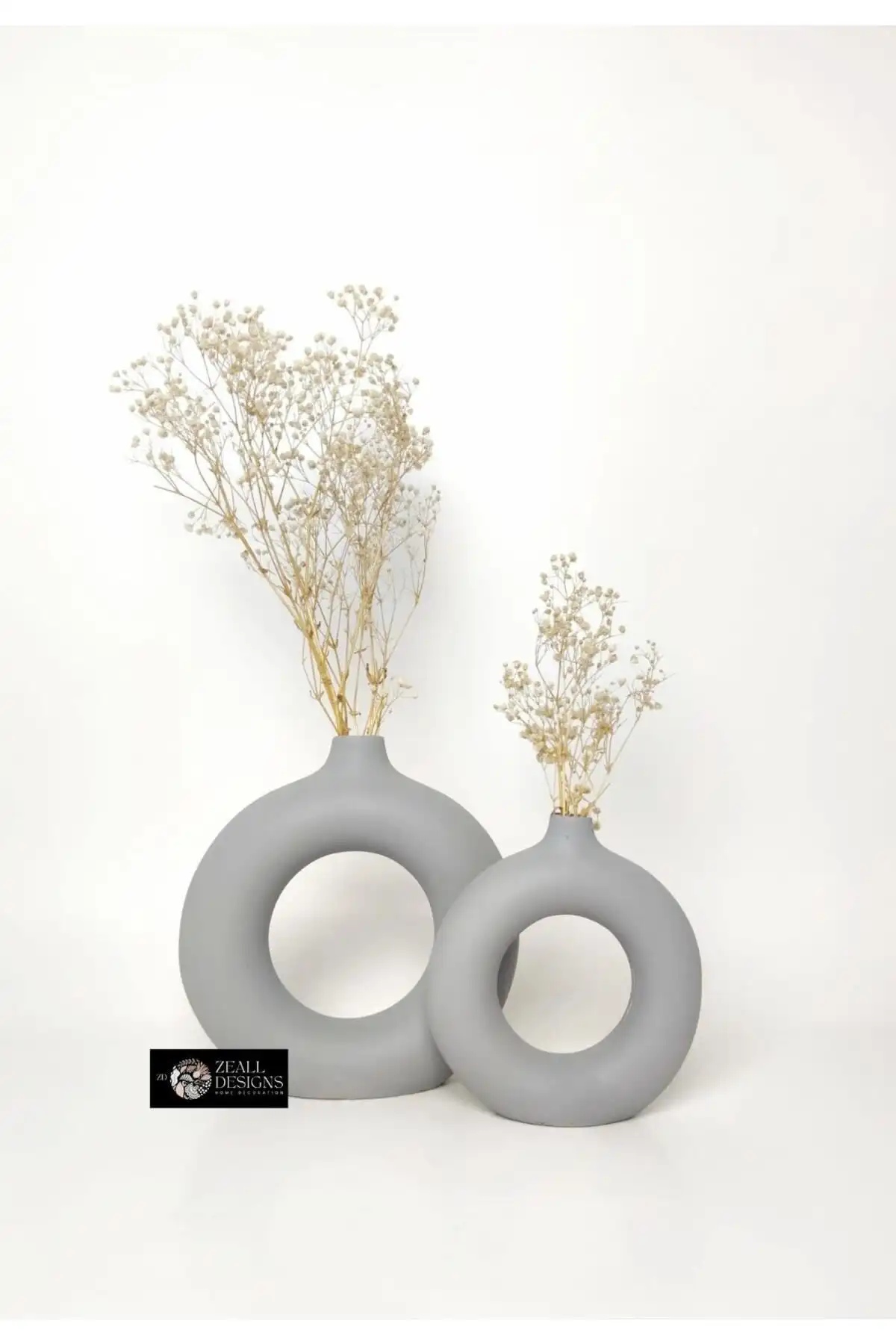 ZEALL DESIGNS Dekoratif Seramik Mat Gri Halka Vazo Seti ile Evinize Şıklık Katın