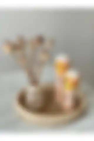 Bohem Tarzı Hasır El Yapımı Ahşap Boncuklu Dekoratif Tepsi - 26 cm