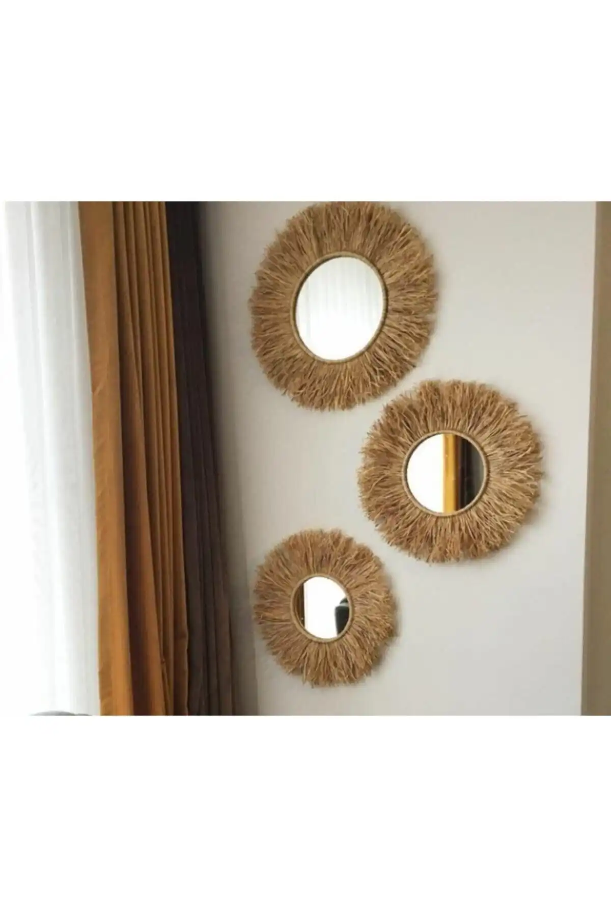 ÖZLEM HANDMADE Dekoratif Üçlü Rafya Ayna ile Şıklığı ve Fonksiyonelliği Yakalayın