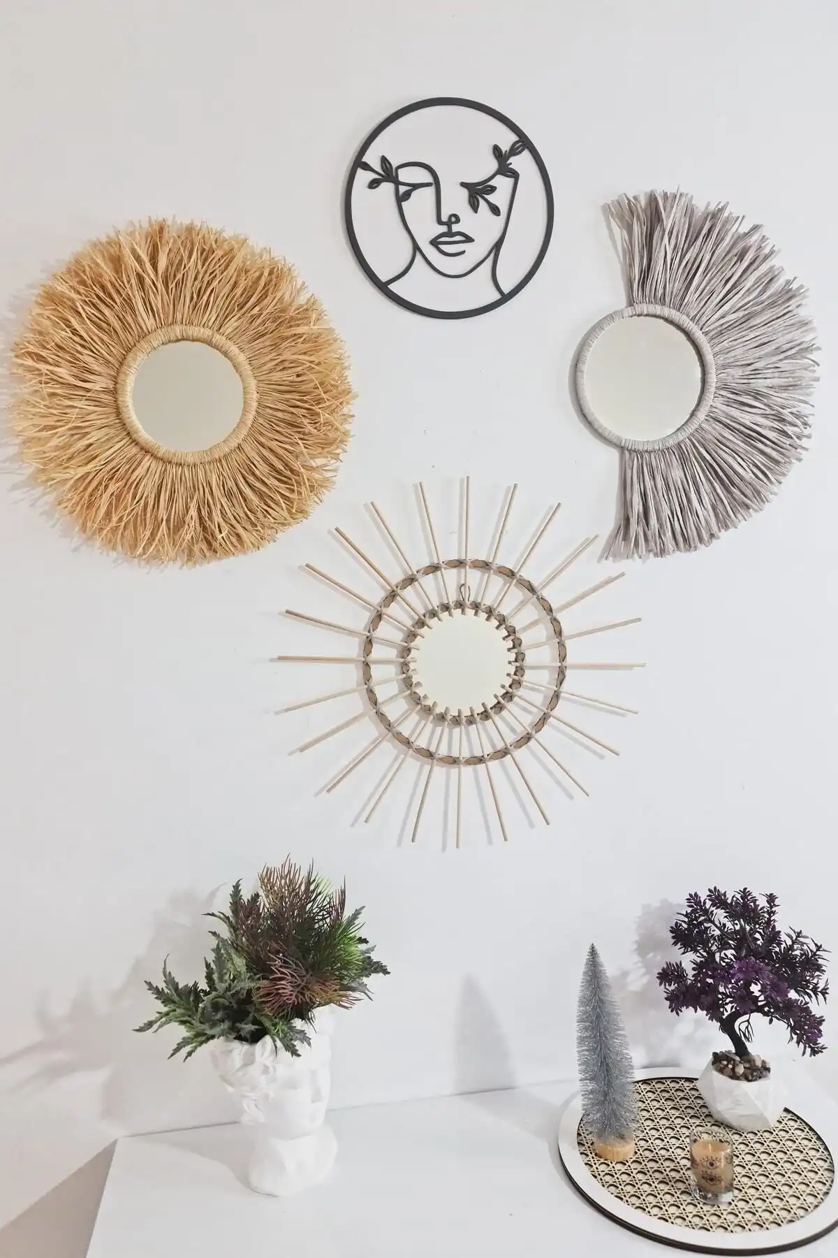 Bubihome Gri Rafya & Bambu Ayna Seti ile Evinize Modern Bir Dokunuş Katın