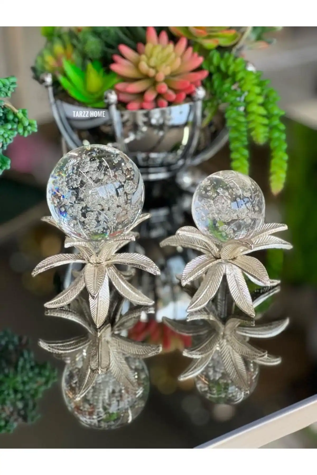 ArzzHome Dekoratif 2 Li Çiçek Obje Metal Kristal Top Küre & Biblo ile Mekanınızı Güzelleştirin