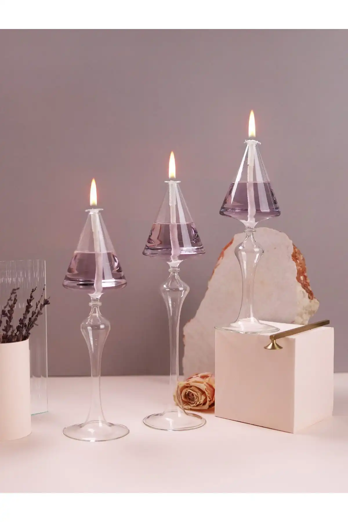 GlassicOlimpos Lila Cam Kandil Seti ile Şıklığı Yakalayın ve Evinize Değer Katın