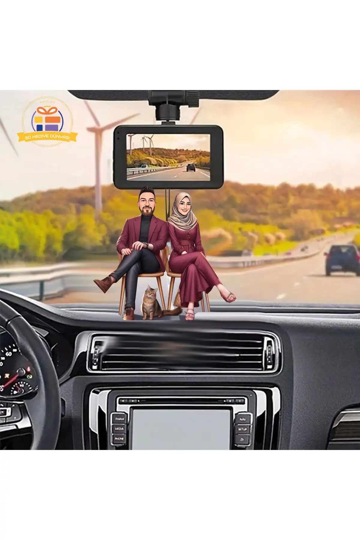 Modern Tesettürlü Eşler Kedili Karikatürü Araba Dikiz Aynası Süsü 3D Hediye