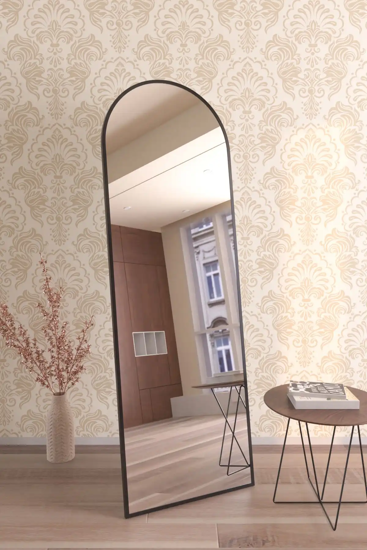 Oval Siyah Metal Çerçeveli Ayaklı Influencer Boy Aynası ile Modern Dekorasyon