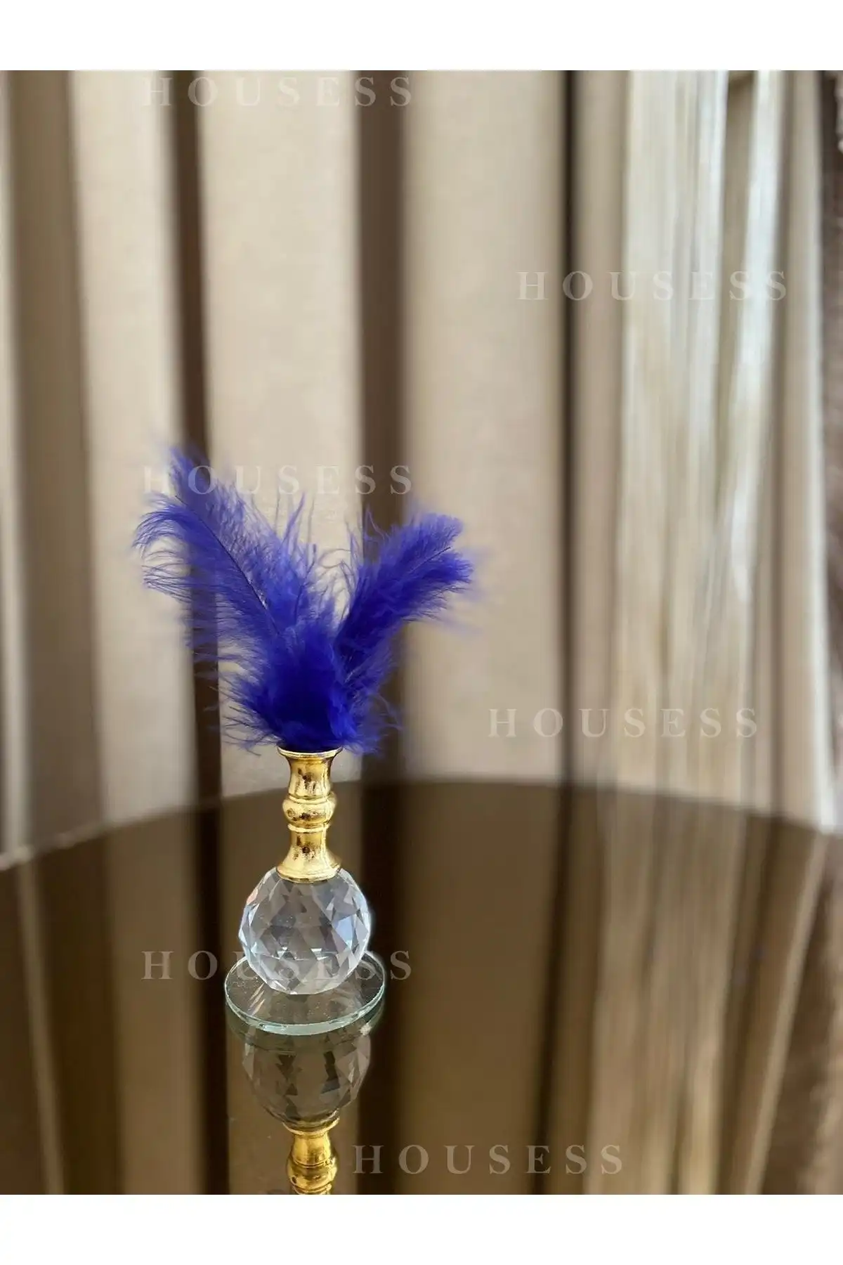 Housess Lacivert Tüylü Gold Kristal Top Biblo Süs ile Modern Ev Dekorasyonu
